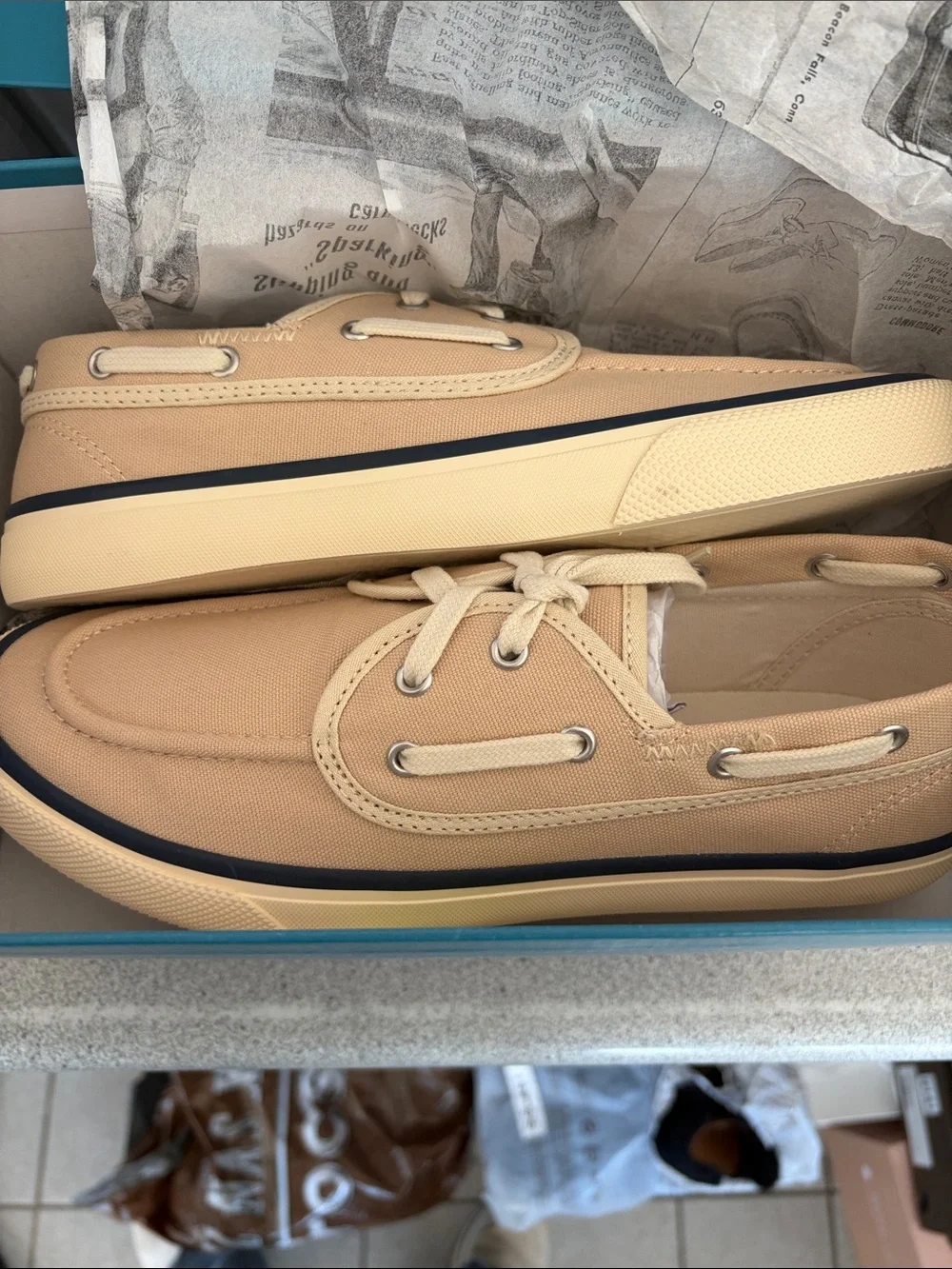 Sperry Beige Canvas Boat Shoe with Navy Stripe